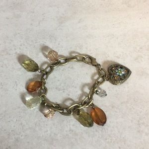 Steam punk old world gold chain bracelet with stone and embellished heart drops